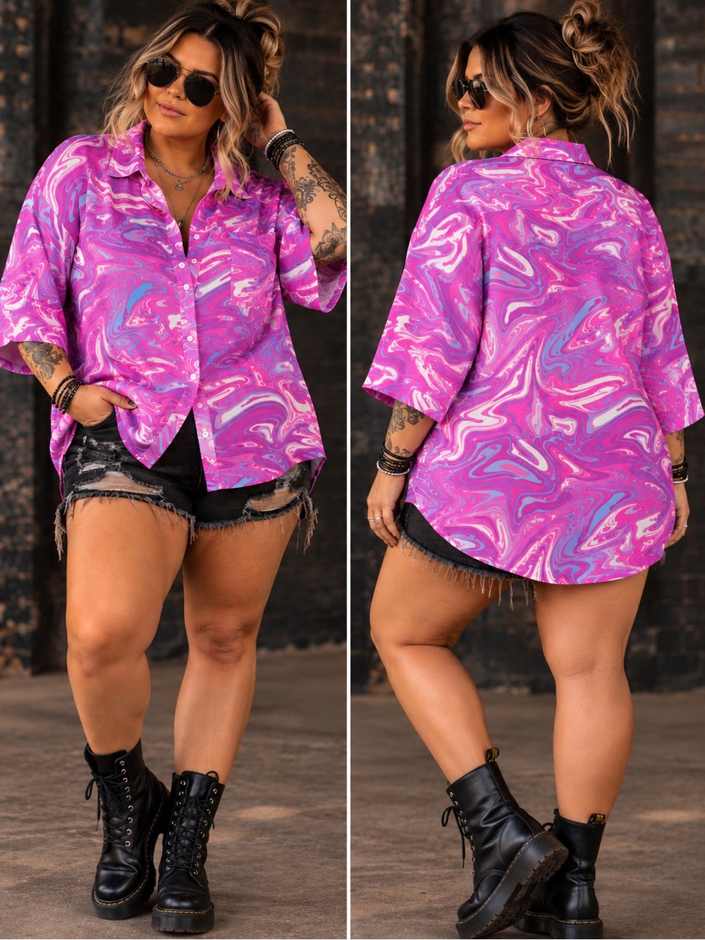Emily Wonder Psychedelic Swirl Oversized Button-Up — 1X–3X
